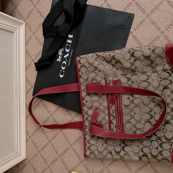 Vintage Coach brown canvas tote w deep red leather details - Picture 1 of 15